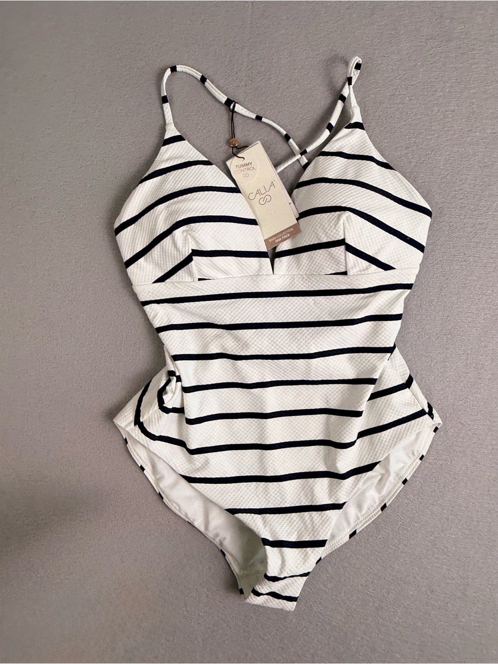 CALIA Women’s Size 8 One Piece Swimsuit White Blue Stripe Tummy Control NWT $88